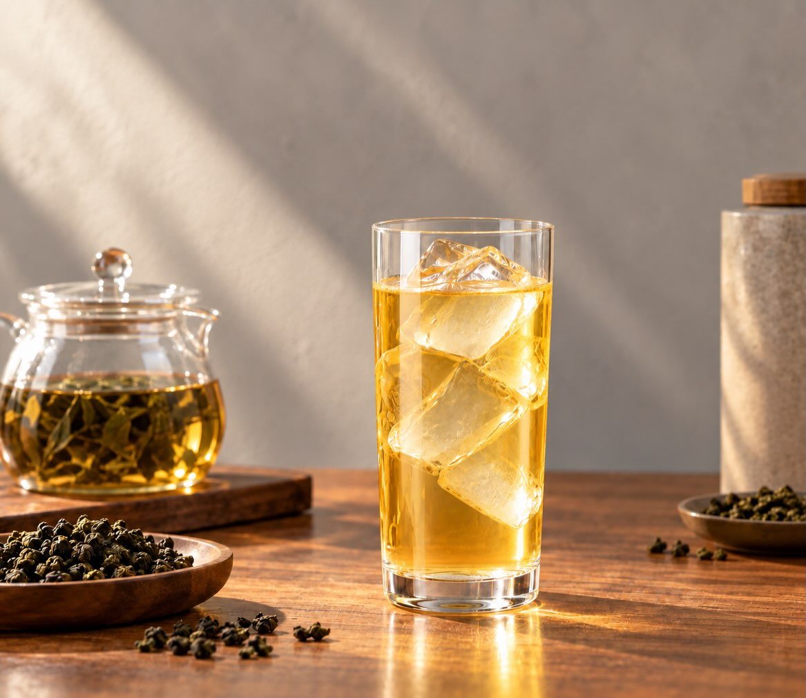 ガラスのポットに入った台湾茶と、氷入りのグラスに注いだお茶、皿にのった茶葉