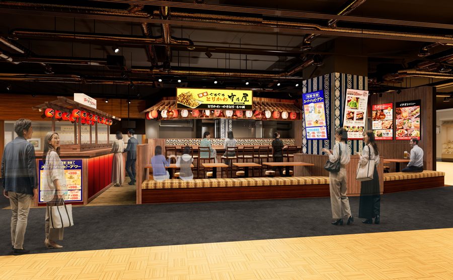 淀橋横丁に入る竹乃屋リンクス池袋店の店舗イメージ図。提灯と黄色の看板、立ち飲みカウンターとテーブル席