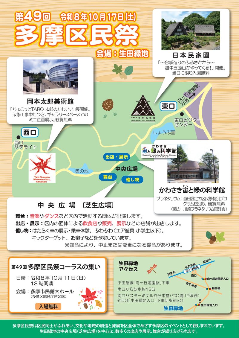 第49回多摩区民祭の会場図。生田緑地中央広場と日本民家園、岡本太郎美術館、かわさき宙と緑の科学館の当日企画
