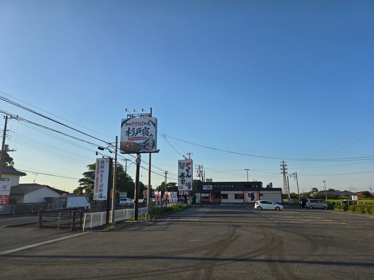 広い駐車場の手前の道路沿いに「杉戸宿 ホルモンやきそば」と縦長の「鉄板やきそば街道」の看板、奥に別の店舗