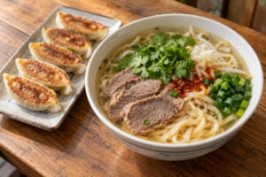 手延べ麺の牛骨ラーメンと焼き餃子のイメージ画像