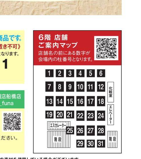 6階の会場を1〜31の番号のマスで示した図。右側に化粧室とエレベーター、左下にエスカレーターと階段