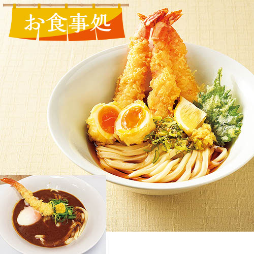 えび天2本と半熟卵の天ぷら、レモンをのせたぶっかけうどんと、小さく添えたカレーうどんの写真