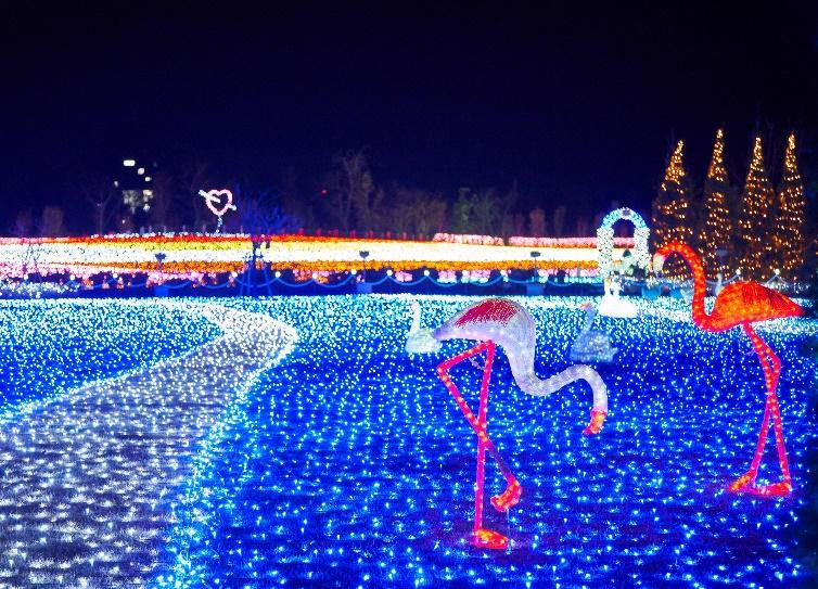 青いLEDで覆われた花壇の中に、光るフラミンゴのオブジェが立ち、奥にハート形の飾りやツリー形の光が並ぶ夜の園内