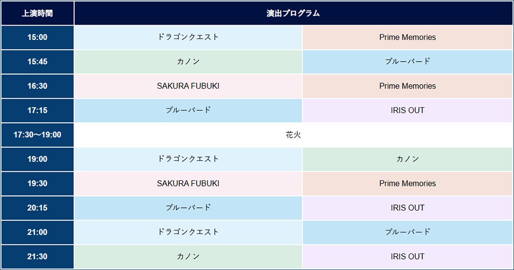 2026年10月24日の上演時間と演出プログラムの表。15:00から17:15までの4回、17:30〜19:00は花火、19:00から21:30までの5回