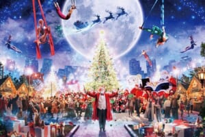 満月を背にした大きなクリスマスツリーと、その上空で演技する空中パフォーマー、ツリーを囲むヒュッテと人だかりを描いたイメージ