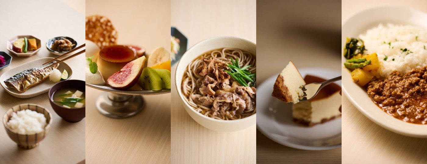 定食、アイスクリーム、丼、ケーキ、カレーを横一列に並べたメニュー紹介画像