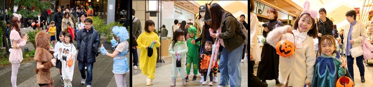 魔女やかぼちゃの仮装をした子どもと保護者が、ソラマチ館内を歩く様子を並べた写真