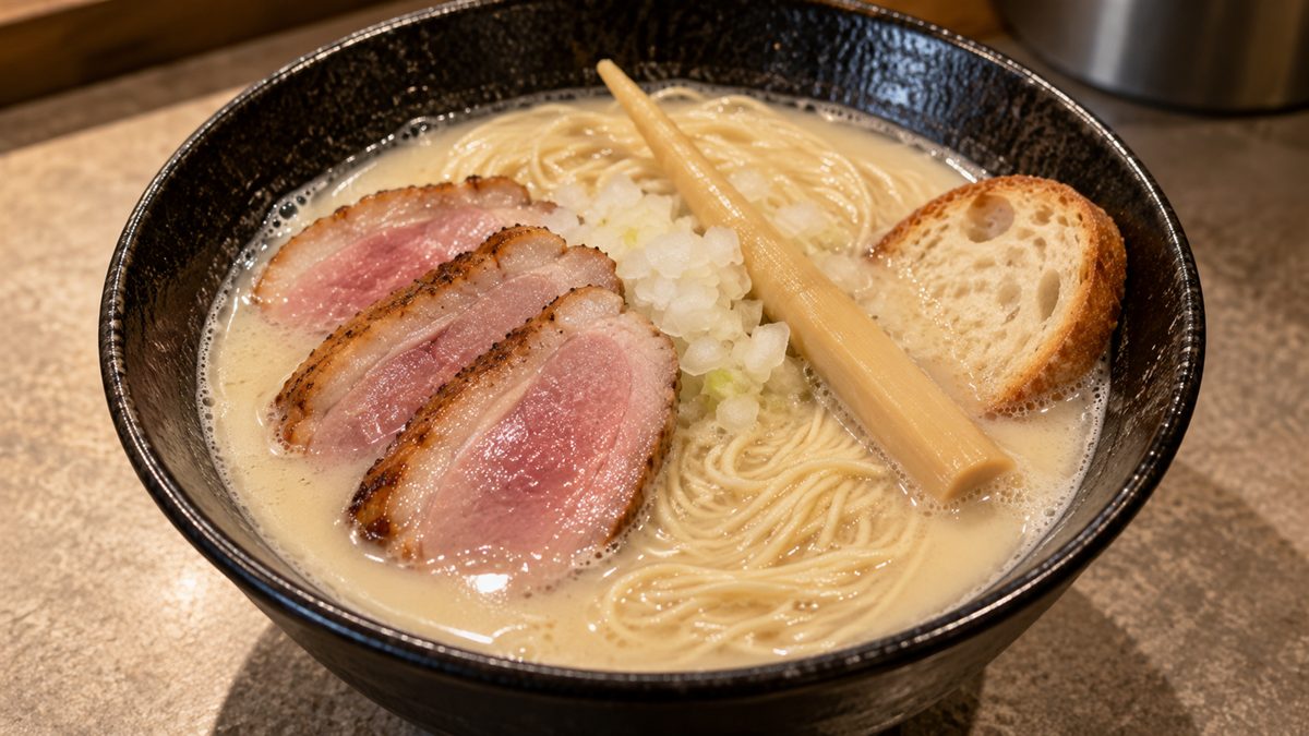 鴨チャーシューと穂先メンマ、バゲットをのせた鶏白湯ラーメンのイメージ