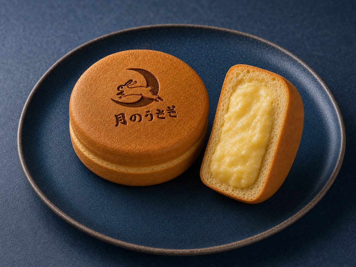 紺色の皿にのった、うさぎの焼印がある今川焼きと、半分に割ったカスタードの断面