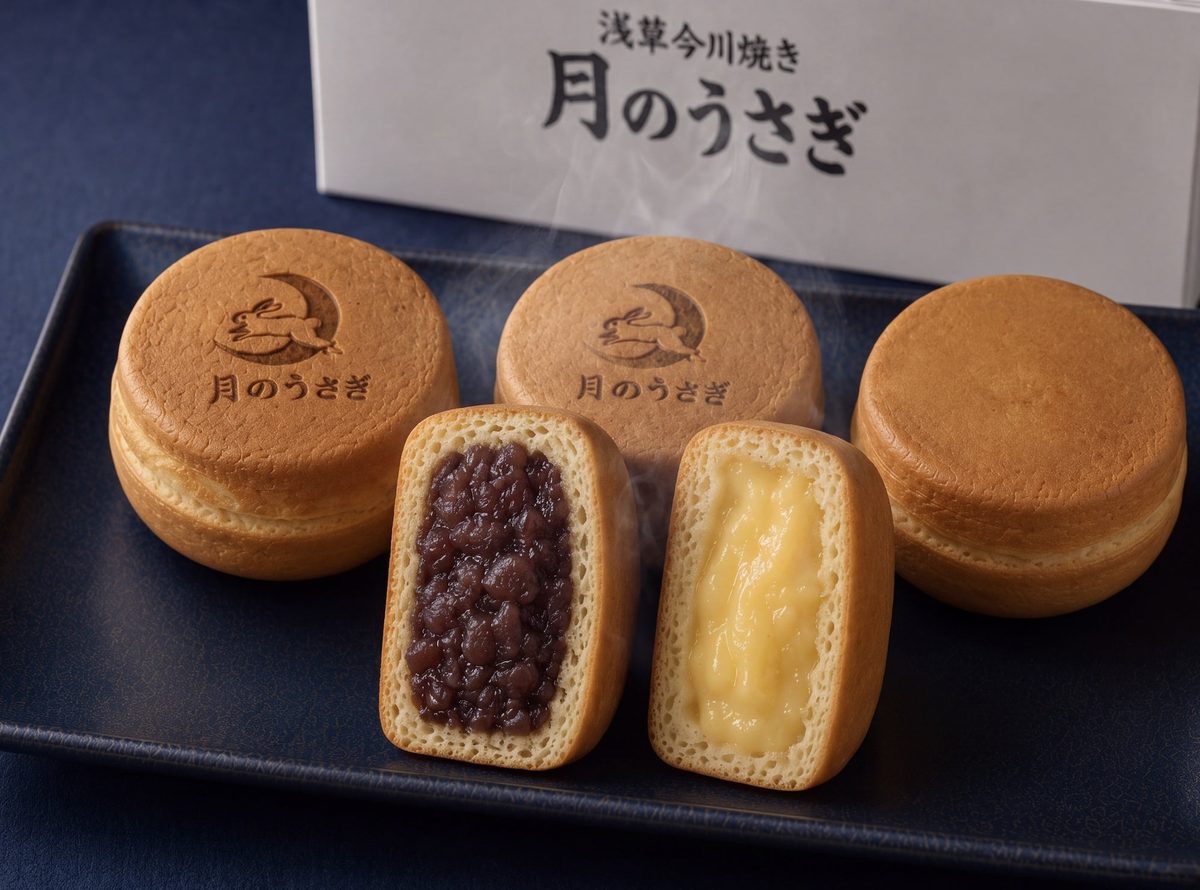 「浅草今川焼き 月のうさぎ」の白い箱の前に、うさぎの焼印が入った今川焼きと、つぶあん・カスタードの断面が並ぶ