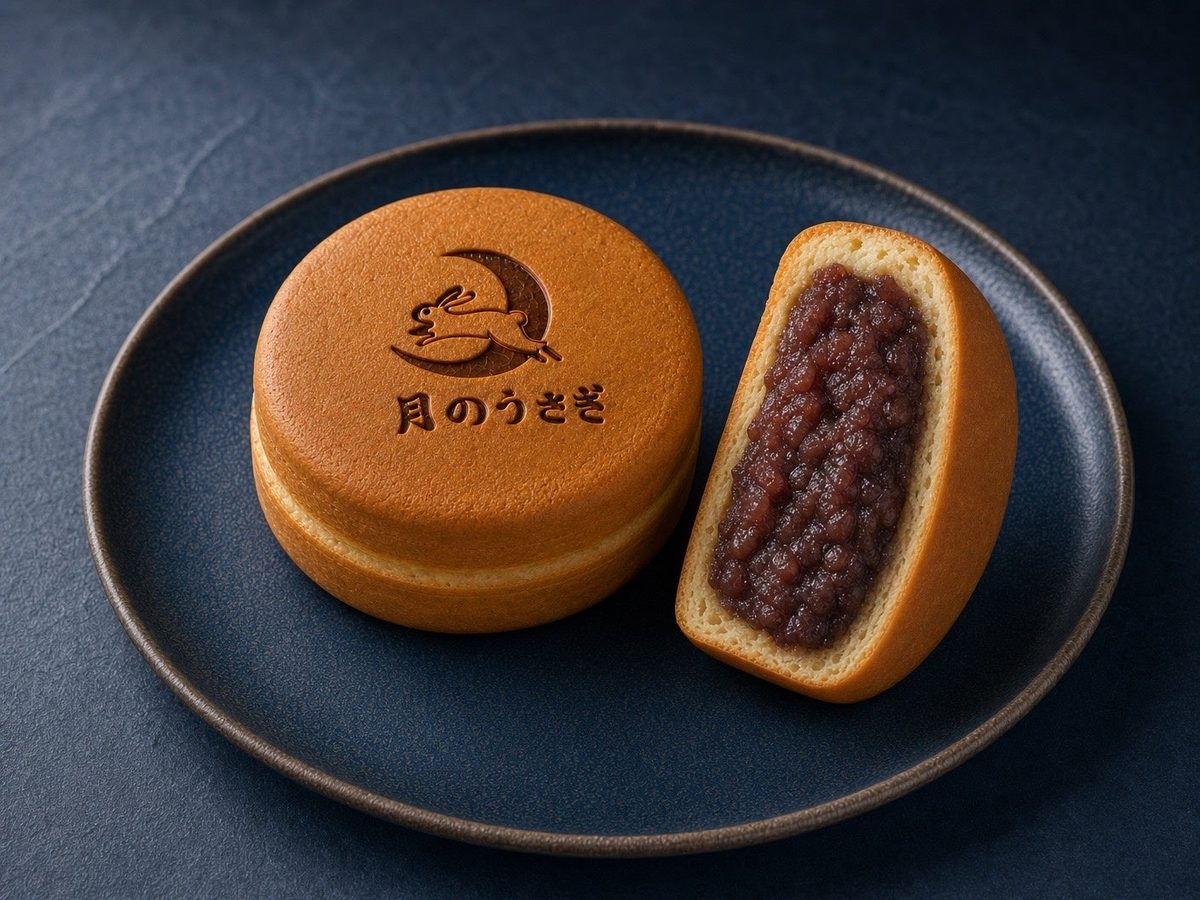 紺色の皿にのった、うさぎと「月のうさぎ」の焼印がある今川焼きと、半分に割ったつぶあんの断面