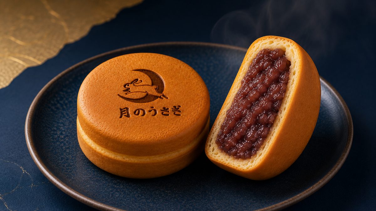 紺色の皿に、うさぎと三日月の焼印が入った今川焼きと、半分に切って粒あんが見える今川焼きがのっている写真