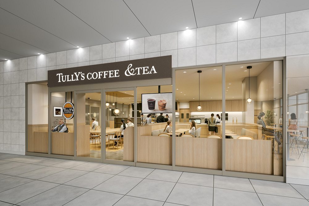 「TULLY'S COFFEE &TEA」の看板と、木目の内装・ガラス張りの客席が見える店の正面のイメージ図