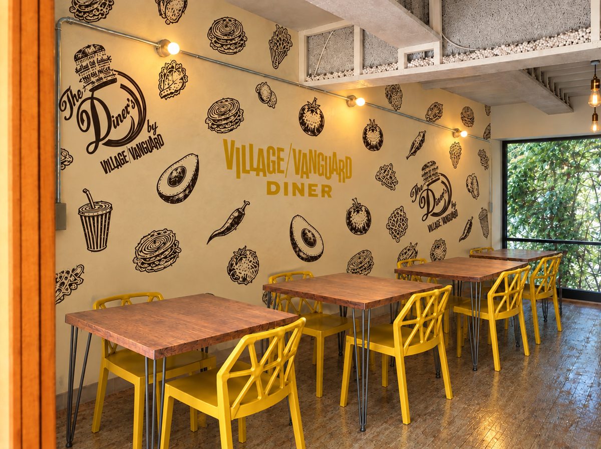 ハンバーガーやアボカドのイラストと「VILLAGE/VANGUARD DINER」のロゴを描いた壁、木のテーブルと黄色い椅子が並ぶ店内