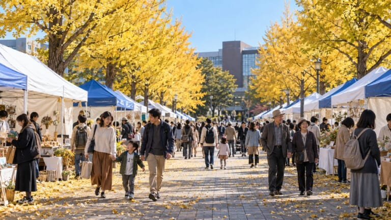 黄色く色づいたイチョウ並木の通路に白と青のテントが並び、家族連れが歩いているイメージ画像（AI生成）