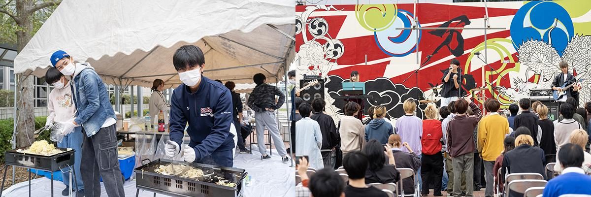 左はテントの下で学生が鉄板で焼きそばを焼く露店、右は和柄の壁画の前の野外ステージでバンドが演奏し観客が見ている様子