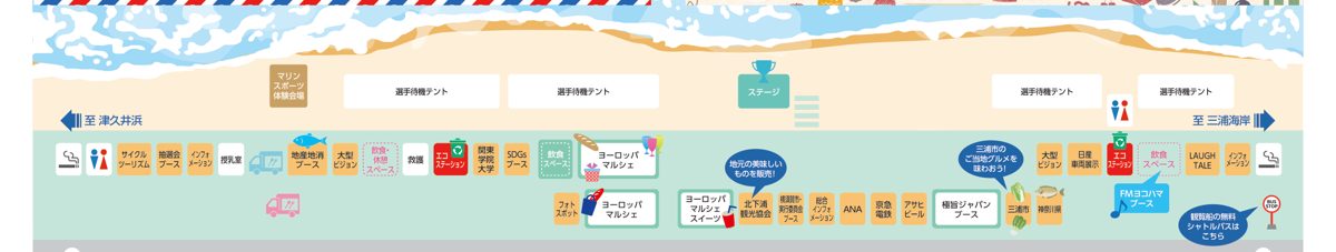津久井浜海岸大会会場のマップ。左が津久井浜方面、右が三浦海岸方面。インフォメーション、ヨーロッパマルシェ、極旨ジャパンブース、ステージ、観覧船の無料シャトルバス乗り場