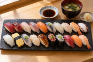 黒い石皿に並んだにぎり寿司と味噌汁のイメージ画像
