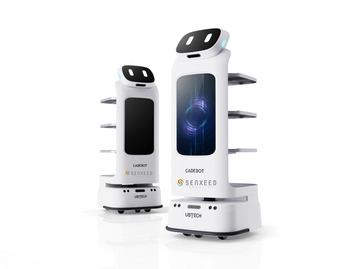 トレーを備えた白い配膳ロボットCADEBOTの製品画像