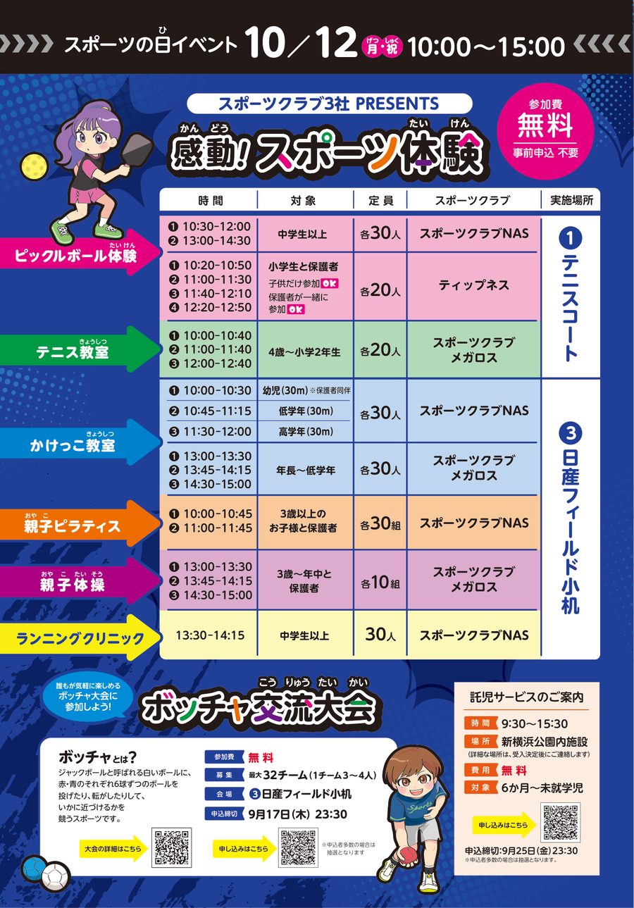 スポーツクラブ3社の体験プログラム表。ピックルボール、テニス教室、かけっこ教室、親子ピラティス、親子体操、ランニングクリニックの時間と定員