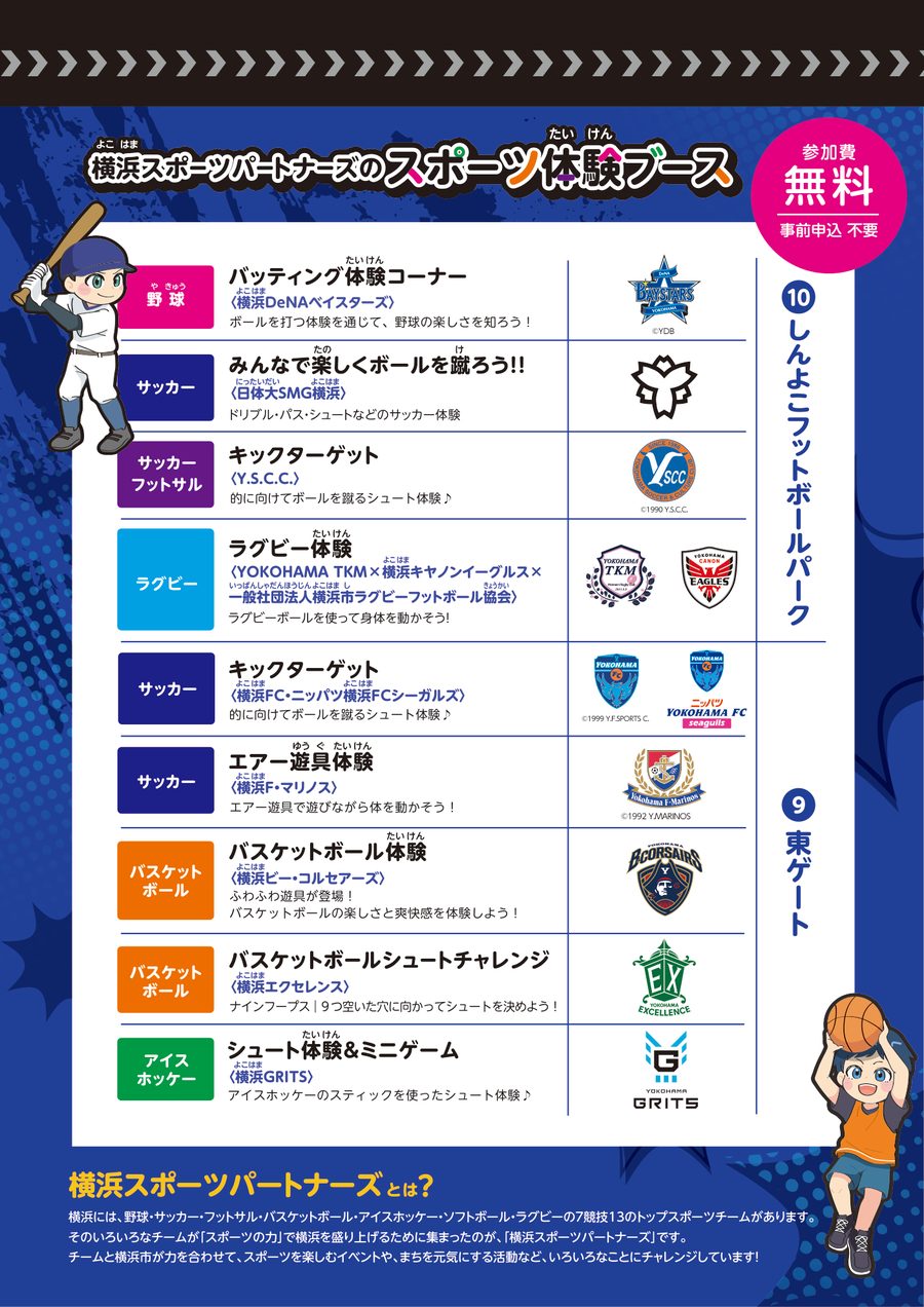 横浜スポーツパートナーズのスポーツ体験ブース一覧。しんよこフットボールパークにベイスターズ、日体大SMG横浜、Y.S.C.C.、ラグビー、東ゲートに横浜FC、マリノス、ビー・コルセアーズ、エクセレンス、GRITS