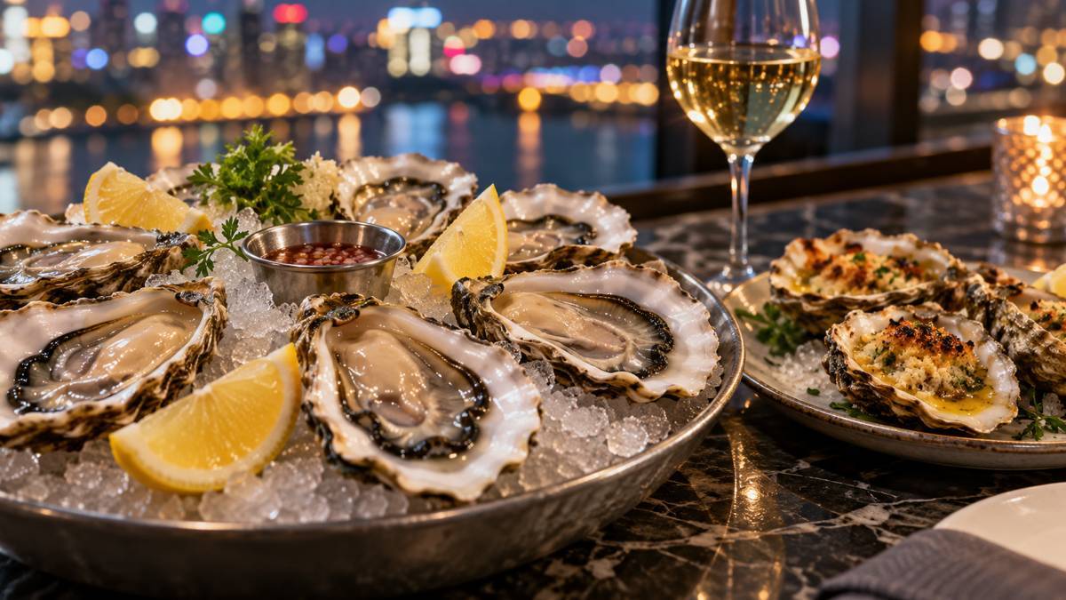 氷の上に並ぶ生牡蠣とレモン、焼き牡蠣、白ワインのグラスが夜景を背にしたテーブルにあるイメージ