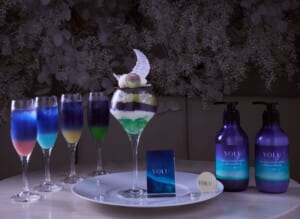 YOLUの限定パフェ、4種のドリンクとヘアケア商品のイメージ（I-ne提供）