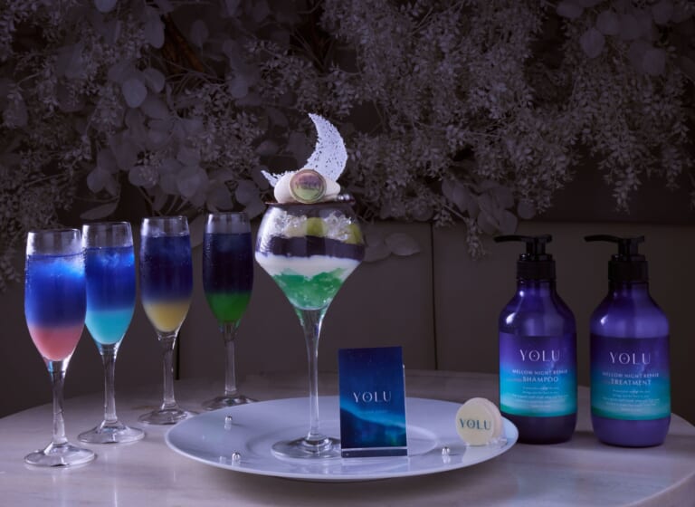 YOLUの限定パフェ、4種のドリンクとヘアケア商品のイメージ（I-ne提供）