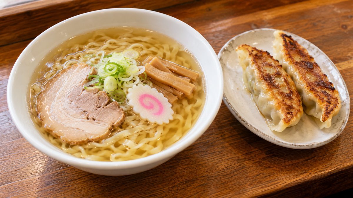 透き通った醤油スープに平打ちの縮れ麺、チャーシュー、メンマ、ナルト、ネギをのせたラーメンと、大きな焼き餃子2個のイメージ画像