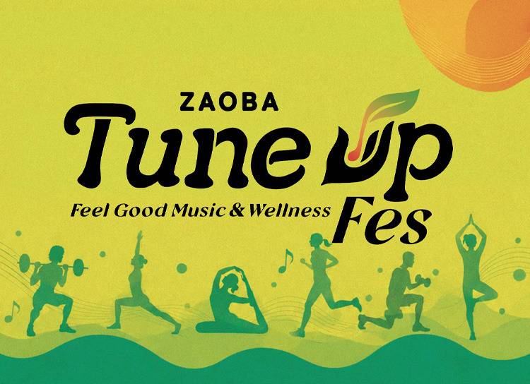 黄緑色の背景にZAOBA Tune Up Fes Feel Good Music & Wellnessのロゴと、運動やヨガをする人のシルエットが描かれたメインビジュアル