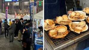 新橋SL広場の全国交流物産展のテントと、焼かれるホタテ