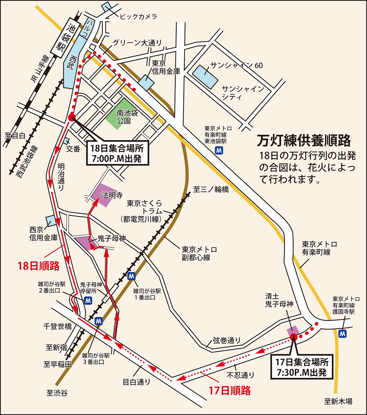 万灯練供養の順路図。18日は池袋駅東口の西武前に集合し19時出発、明治通りを南へ進み鬼子母神へ。17日は清土鬼子母神に集合し19時30分出発、不忍通りを西へ進み鬼子母神へ向かう